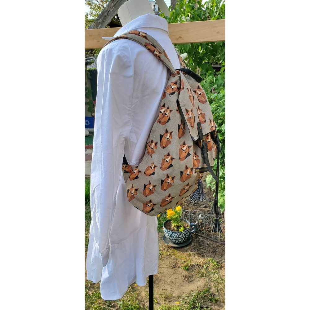 Cute Fox Print Backpack Canvas Leather Accents Black Tassel Adjustable Straps - Picture 4 of 5